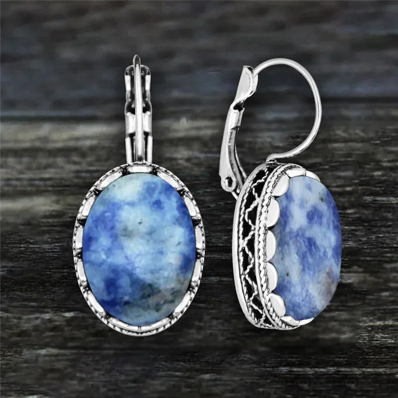 Oval Amethysts Earrings For Women Tibetan Silver Natural Stone Rose Quartz Lapis Lazuli Tiger Eye Fashion Earring