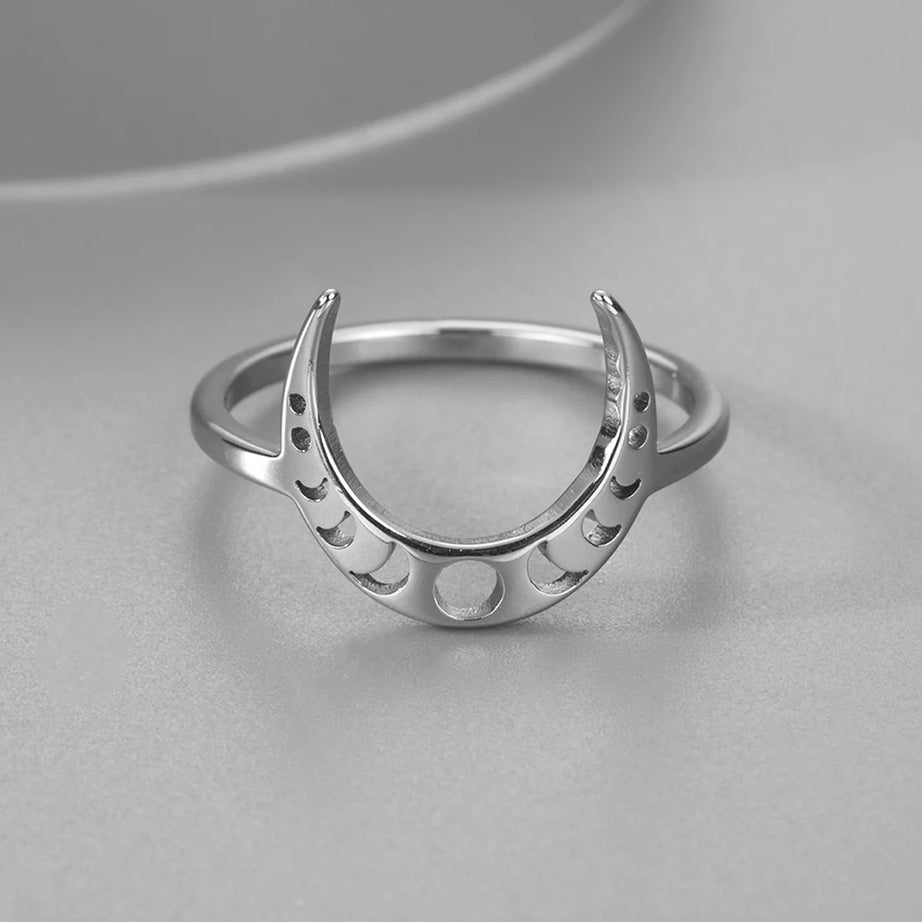 Moon Phase Band Ring, Stainless Steel Celestial Witchy Amulet