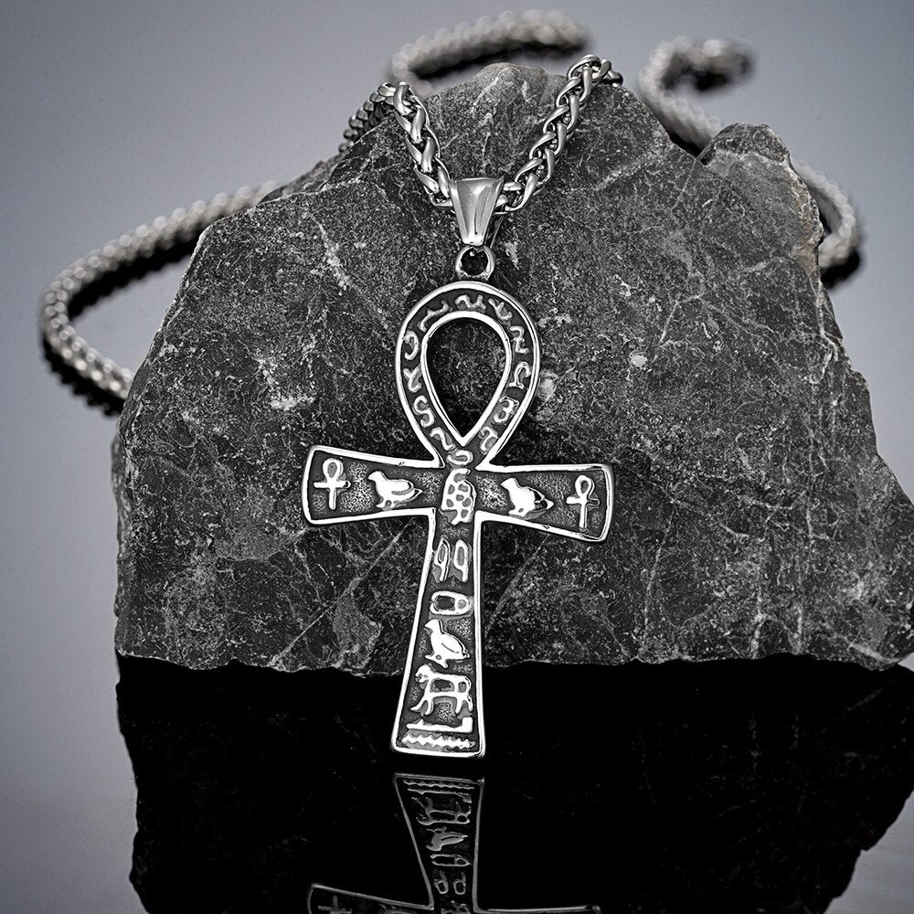 Vintage Ancient Egyptian Ankh Cross Necklaces For Men Women Stainless Steel Cuneiform Characters Pendant Unisex Amulet Jewelry - Charlie Dolly