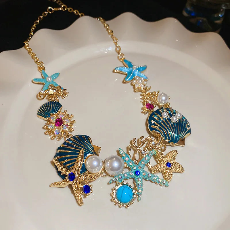Unique Design Star Shell Coral Rhinestone Chain Necklace Women Personality Versatile Dropping Necklaces Boho Jewelry Travel  H
