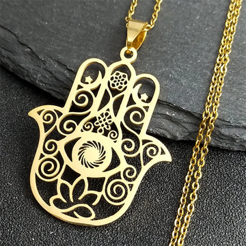 Hamsa Hand Muslims Judaism Hollow Necklace for Women Hand of Fatima Lotus Flower Stainless Steel Necklaces Jewelry Gift N8083S04