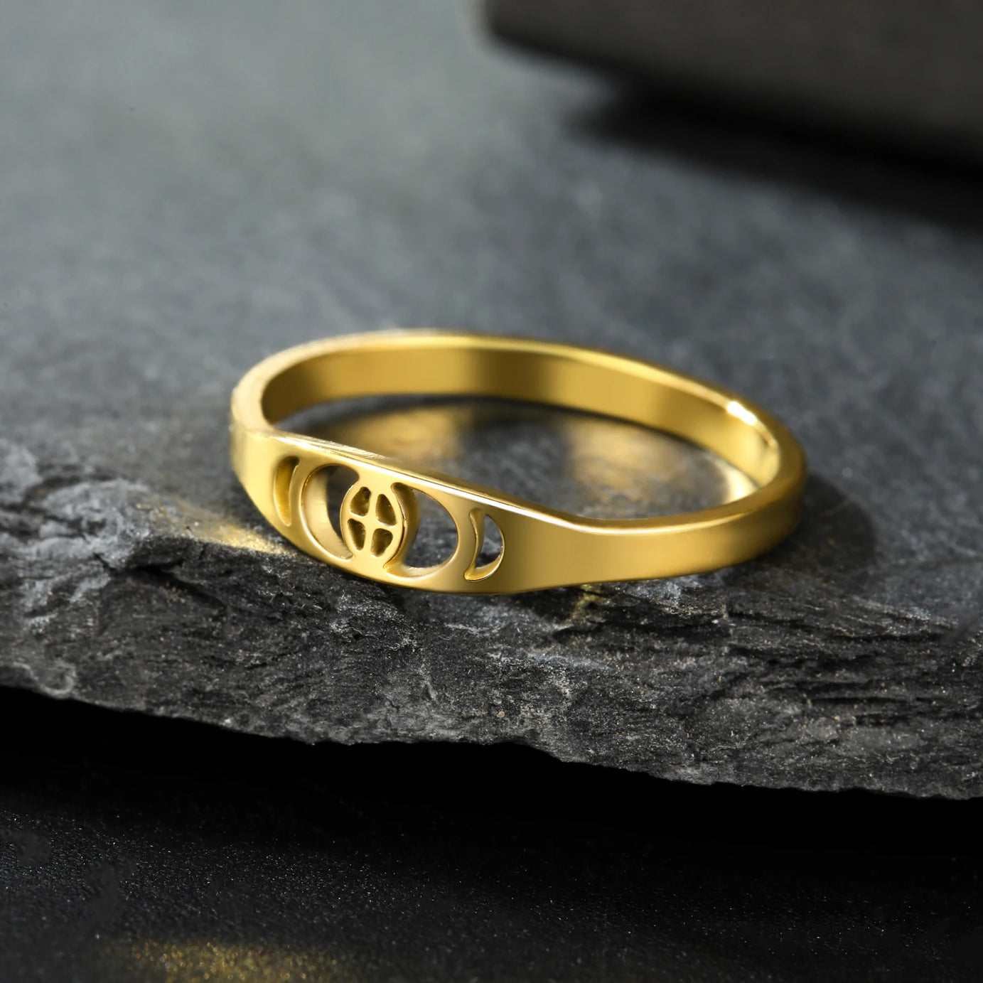 Crescent Moon Phase Ring, Stainless Steel Trendy Celestial Band Talisman