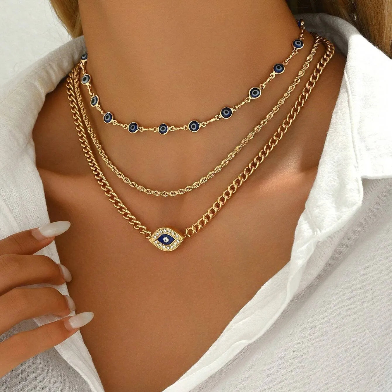 Crystal Evil Eye Layered Clavicle Chain Necklace Jewelry