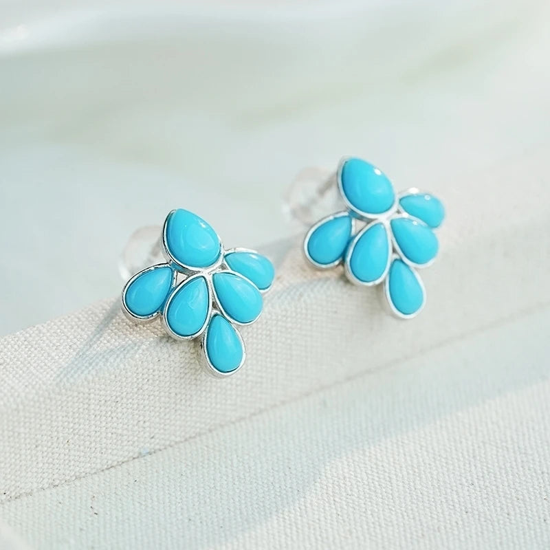 GEEZENCA 925 Silver Lapis Lazuli Turquoise Leaf Stud Earrings Women Gold Plated Trendy Dainty Lightweight Statement Earring Gift