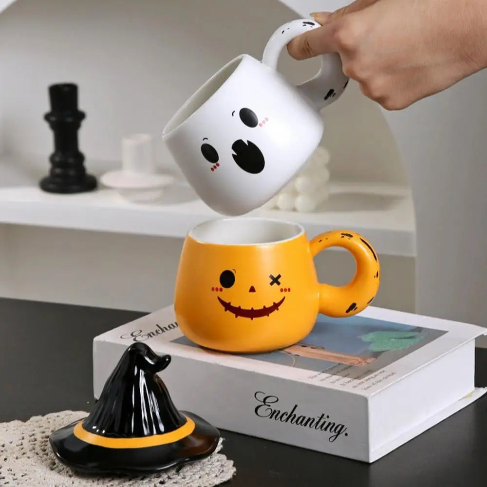Halloween Ceramic Cup Ghost Mug Creative Cute Couple Mug Gift Afternoon Tea Breakfast Milk Cup Home Office Drinking cup With Lid - Charlie Dolly