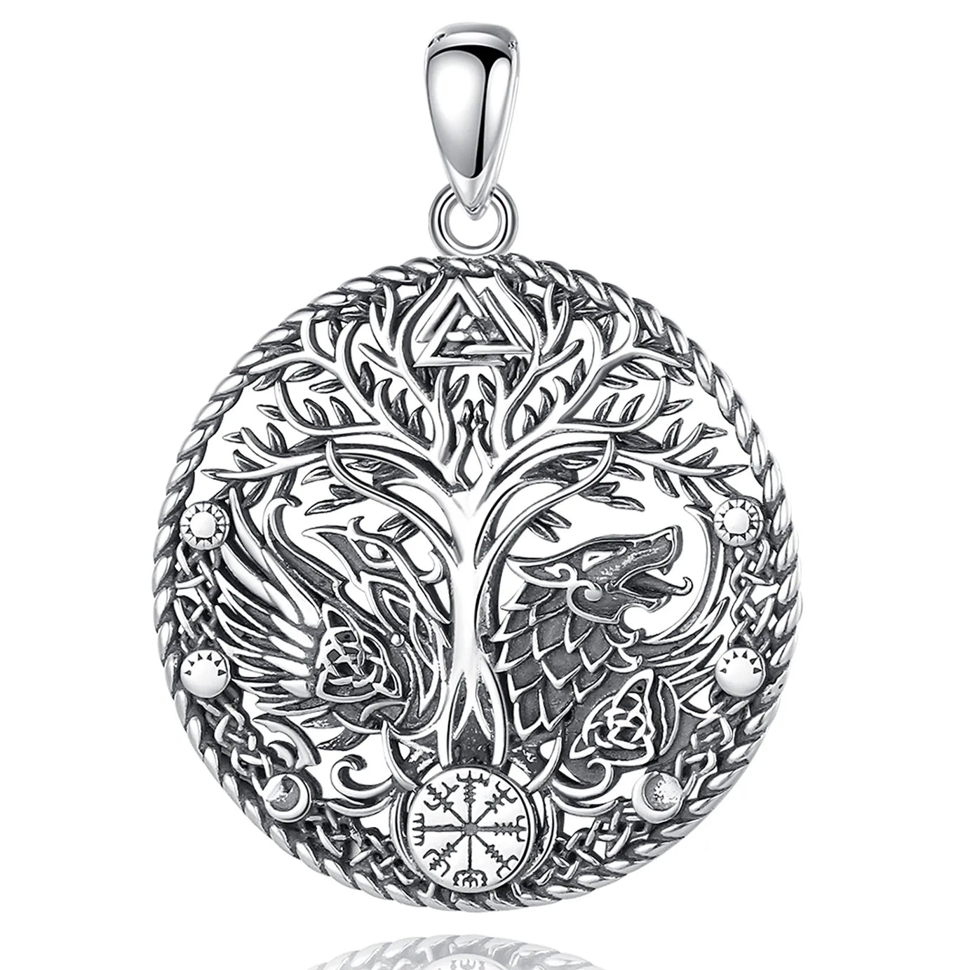 S925 Sterling Silver Viking Raven Wolf Pendant Necklace, Celtic Knot Tree of Life Compass Amulet