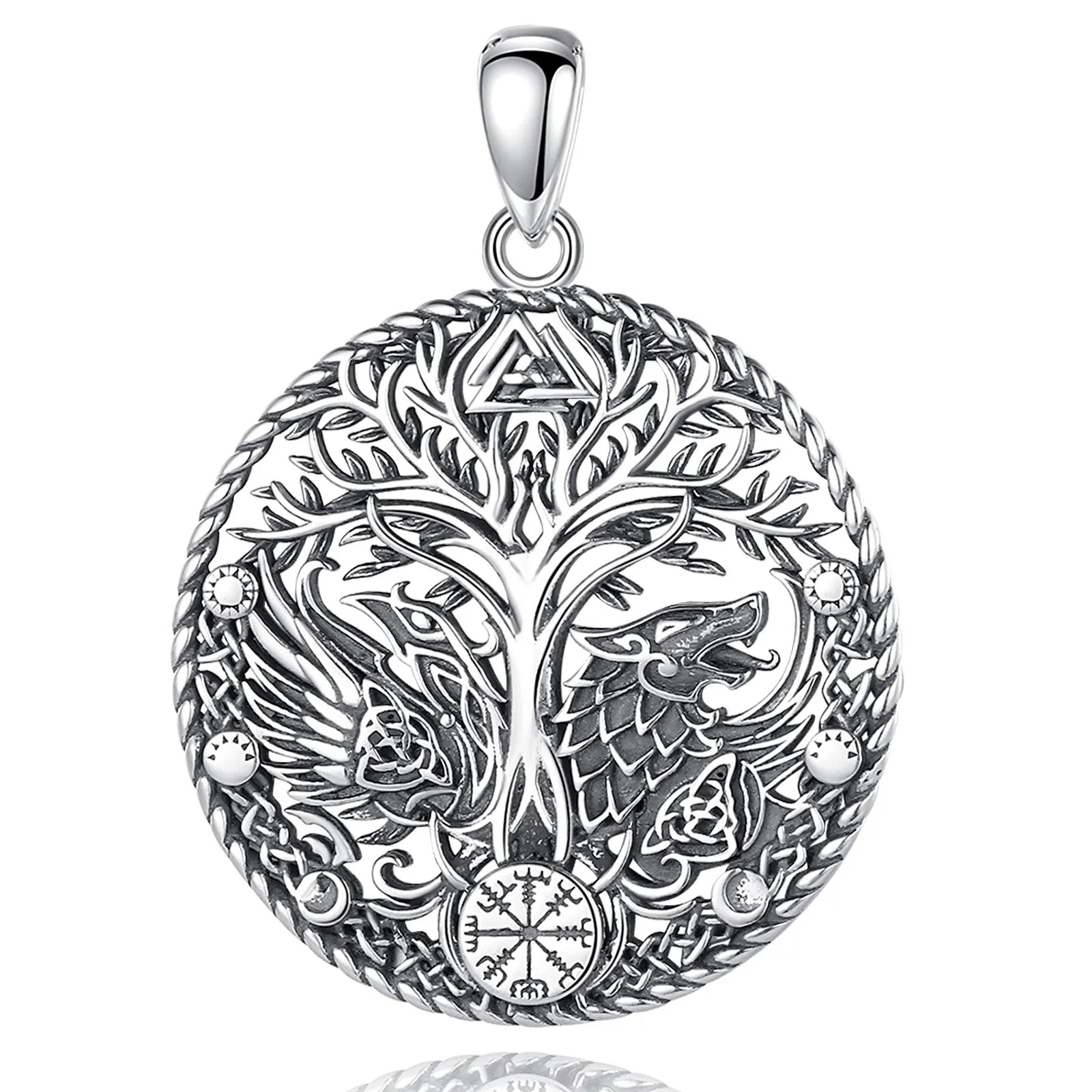 Eudora 925 Sterling Silver Viking Raven Wolf Necklace for Women Man Compass Tree of Life Amulet Pendant Personality Jewelry Gift