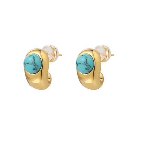 Natural Turquoise Curved Earrings, Gold Copper Casual Elegant Boho Jewelry