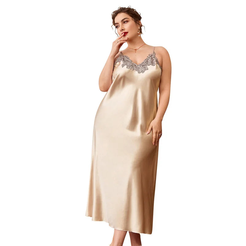 Sexy Sleepwear Women Lace Silk Satin Sleeveless Nighties Summer V-neck  Suspender Thin Long Imitation Silk Nightgown - Charlie Dolly