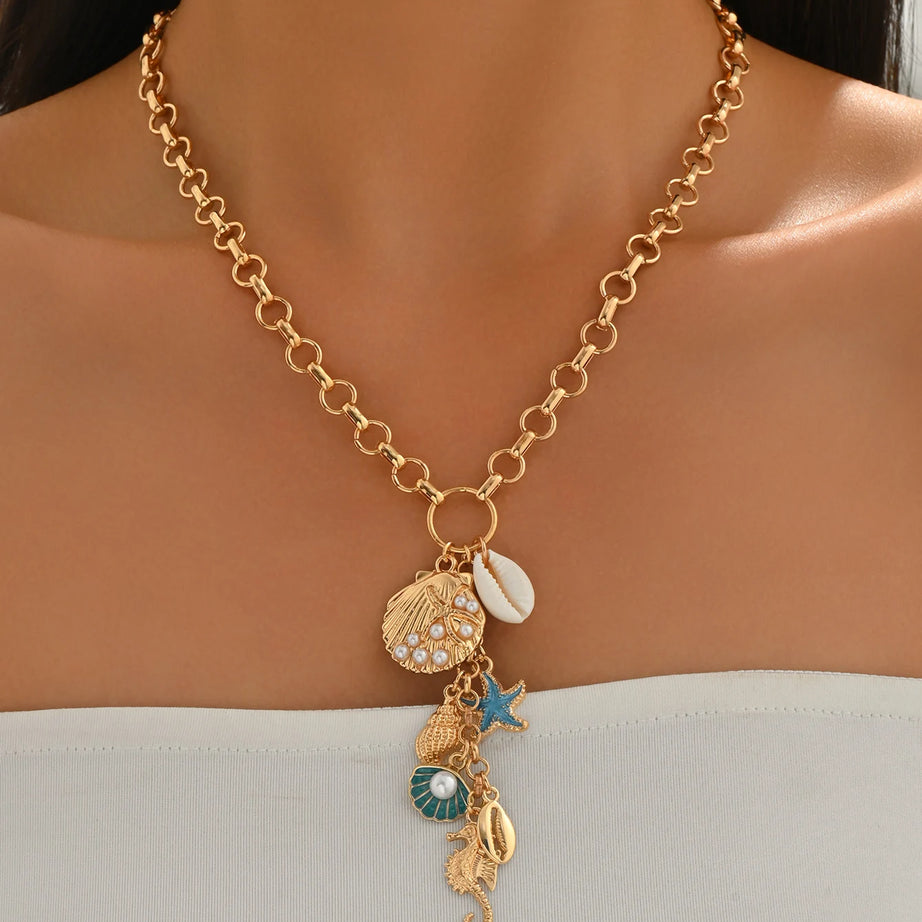 Chunky Gold Ocean Charm Boho Necklace