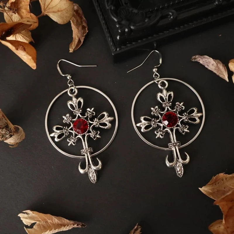 Cross Crystal Big Hoop Earrings, Gothic Cross Hoop Earrings, Unique, Gothic, Vikings, Witchy, Tarot, Viking, Boho, Witchy