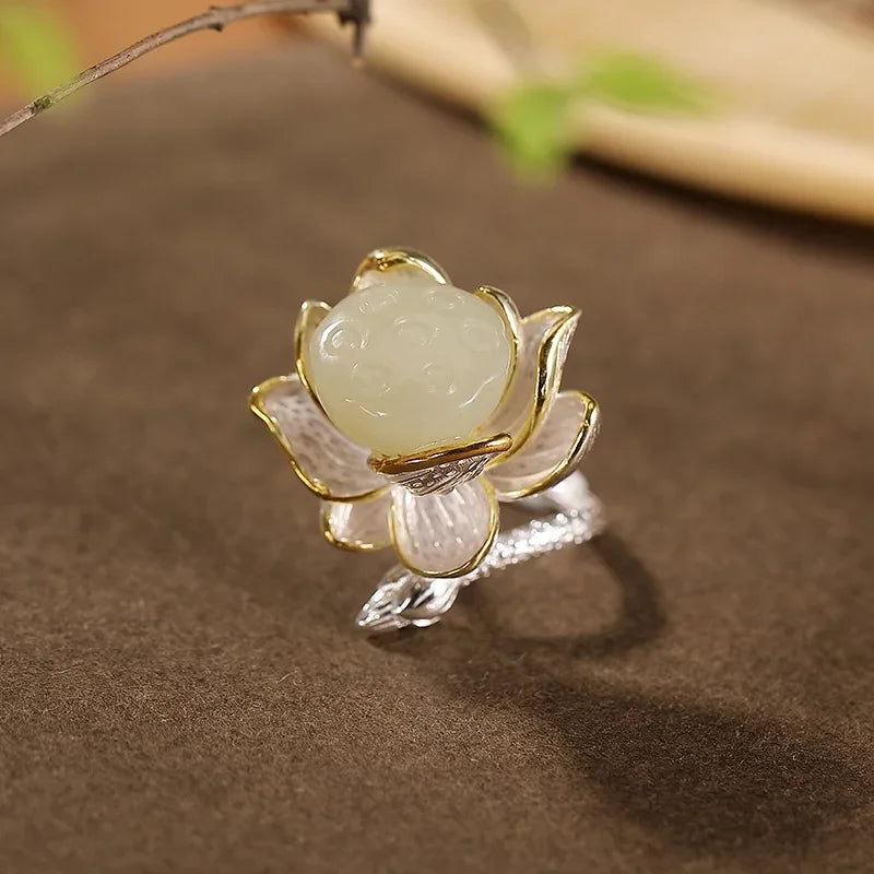 Classic Lotus Flower Jewelry Sets Natural Hotan Jade Various Exquisite Ring Earrings for Women Pendant Hairpin Brooch Bracelets