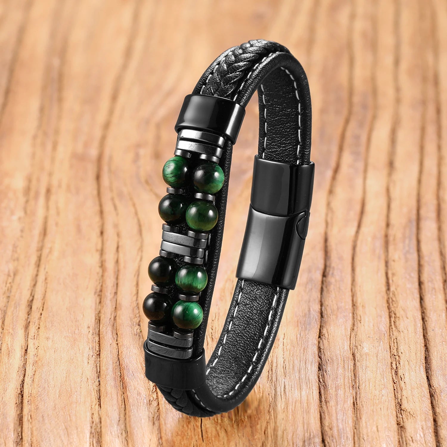 13 Styles Natural Stone Bead Bracelets, Handmade Leather Cord Jewelry with Stainless Steel Clasp, Boho Gift for Women Man
