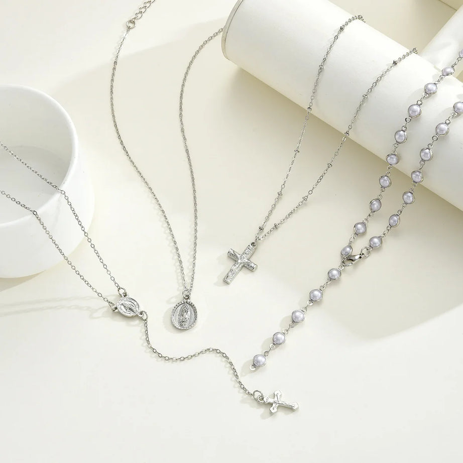 Silver Pearl Cross Pendant Layered Necklace Set Jewelry