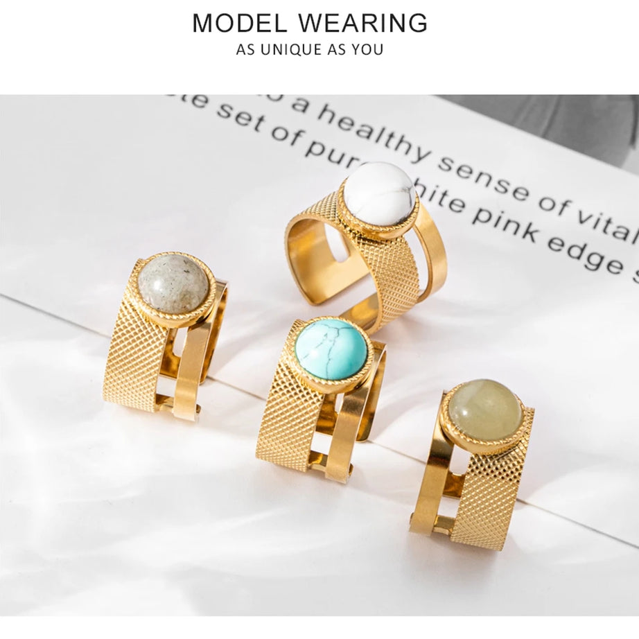 WILD & FREE Boho Stainless Steel Rings For Women Glamour Trendy Gold Color Inlaid Natural Stone Statement Jewelry - Charlie Dolly