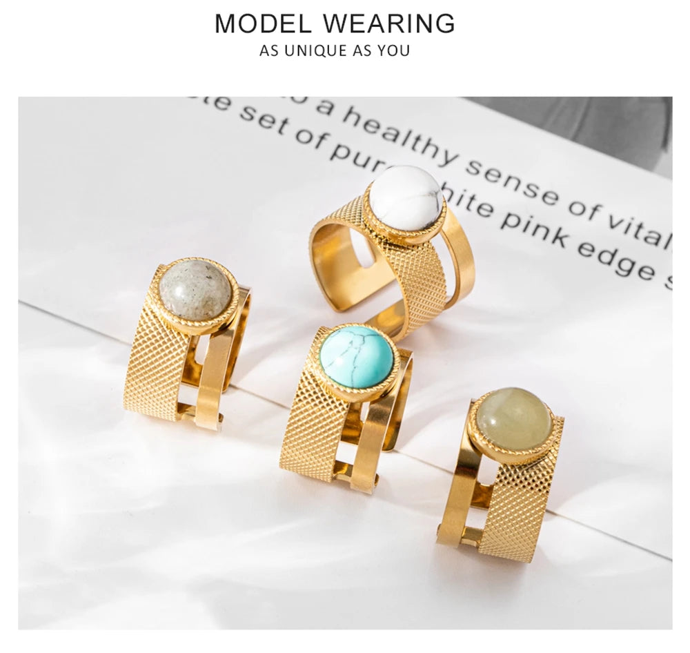 WILD & FREE Boho Stainless Steel Rings For Women Glamour Trendy Gold Color Inlaid Natural Stone Statement Jewelry