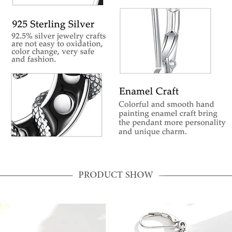 S925 Sterling Silver Moon Phase Snake Drop Earrings, Gothic Black Enamel Celestial Talisman
