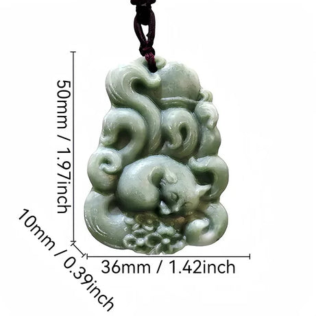 Dark Green Jade Dragon Fox & Owl Pendant Necklace, Carved Amulet Zodiac Talisman