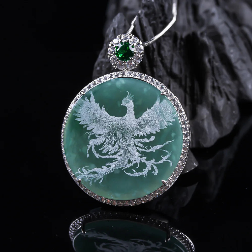 S925 Silver New Natural Real Emerald Stone-shadow Carving Phoenix Pendant Jadeite Necklace Jewelry Charm Designer Luxury Gifts