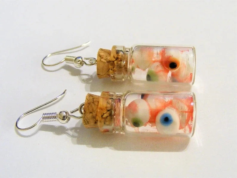 Halloween earrings Eyeballs in a Bottle Earrings Miniature Bottle Eyeball earrings Bottle of Eyes Halloween Jewelry - Charlie Dolly