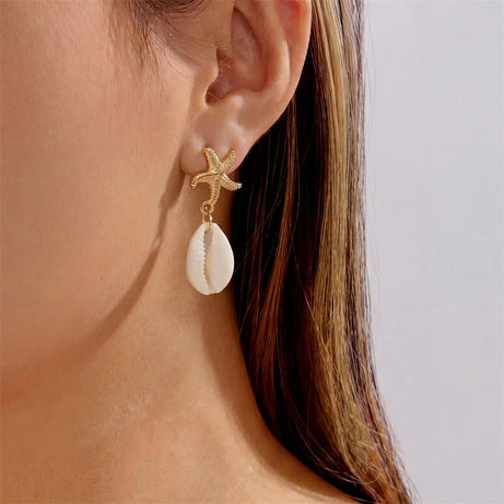 Boho Starfish, Conch and Scallop Pearl Pendant Earrings