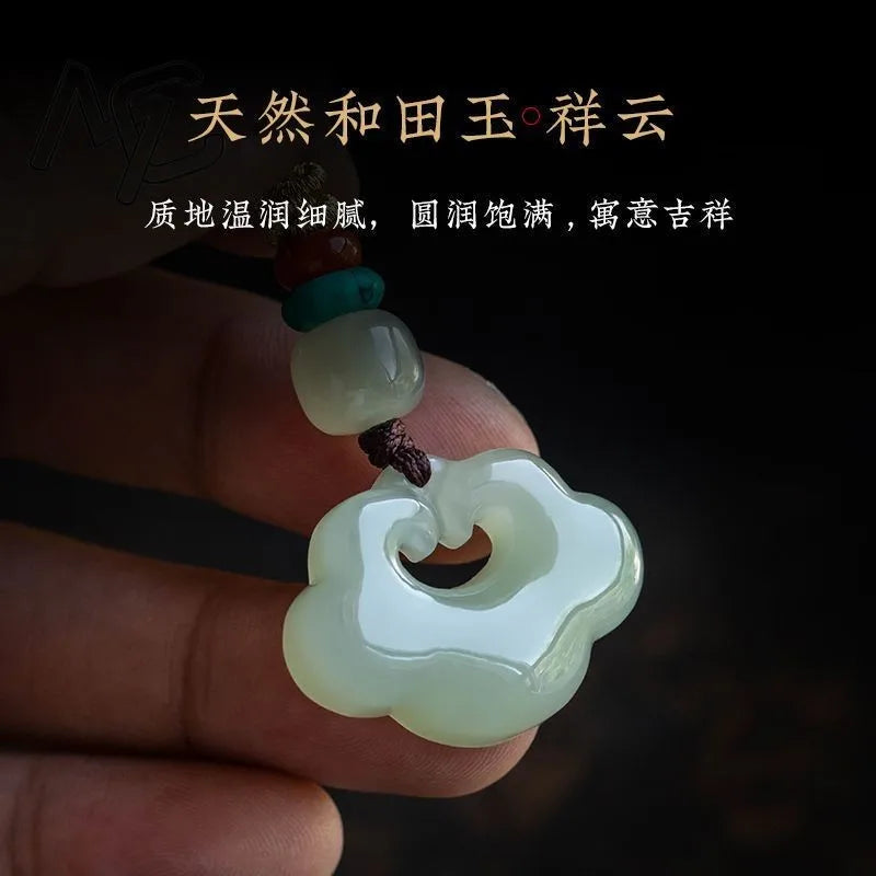 Certificate Hotan Black Jade Auspicious Clouds Pendant Key Chain Charm Stone Natural Emerald Necklace Talismans Necklace Jewelry