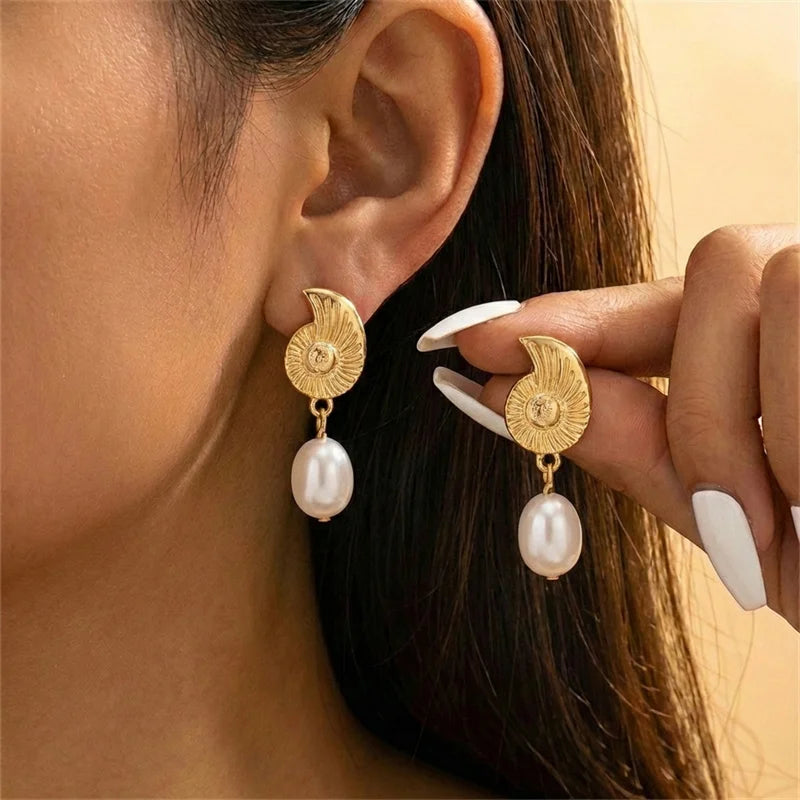 Boho Starfish Shell Asymmetric Dangle Earrings for Women Ocean Style Conch Scallop Pearl Earring Summer Beach Party Jewelry Gift