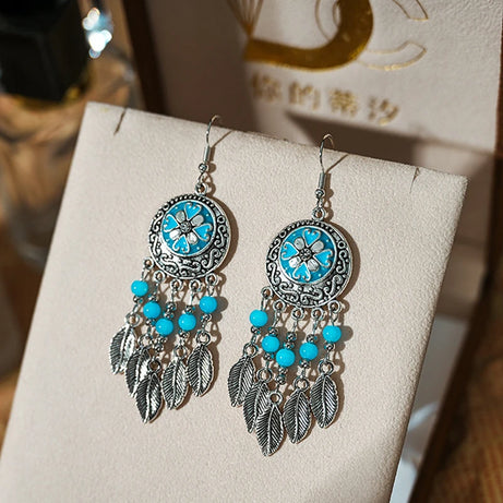 Blue Enamel Feather Crystal Long Earrings Jewelry