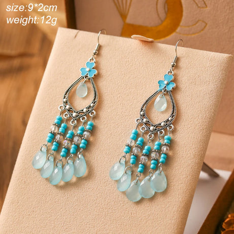 Blue Enamel Feather Crystal Long Earrings Jewelry
