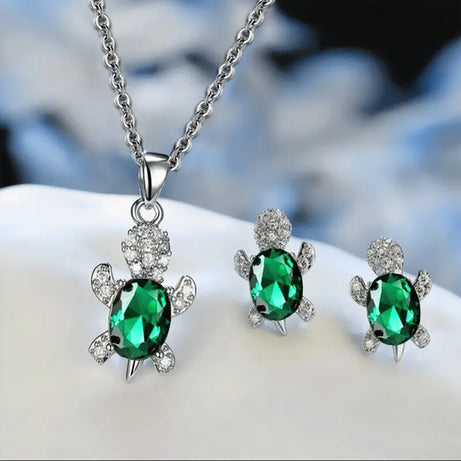 Sea Turtle Necklace & Earrings Set of 3, Silver-Plated Multi-Color Glass Ocean Jewelry