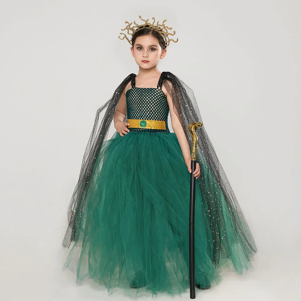 Green Medusa Girls Costume With Headpiece For Kids Cosplay Halloween Medusa Dresses Greek Roman Kids Fancy Gown Tutu Dress 2024 - Charlie Dolly