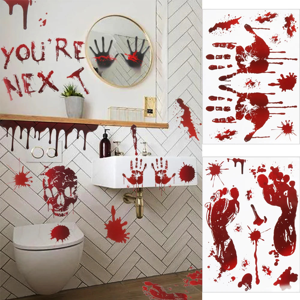 Horror Bloodstain Wall Sticker Handprint Footprint Blood Skull Window Sticker Halloween Decoration 2024 Halloween Scary Sticker