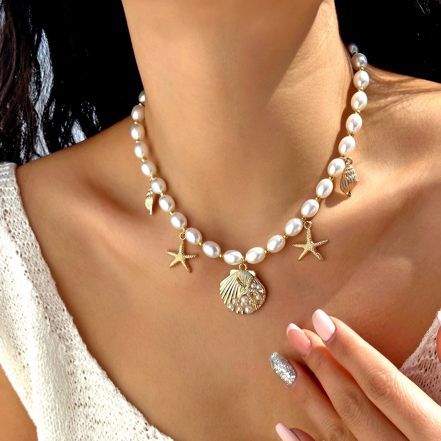 Boho Metal Shell Starfish Pendant Imitation Pearl Necklace for Women Heart Bowknot Double Layer Choker Chain Beach Jewelry Gift
