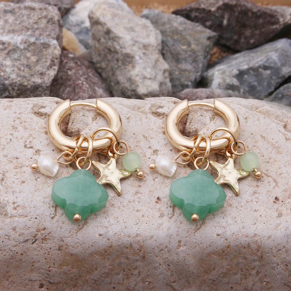 Pendant Earrings For Woman Boho Natural Stone Clover Malachite Powder Crystal Bohemia Charm Ear Luxury Quality Jewelry Girls