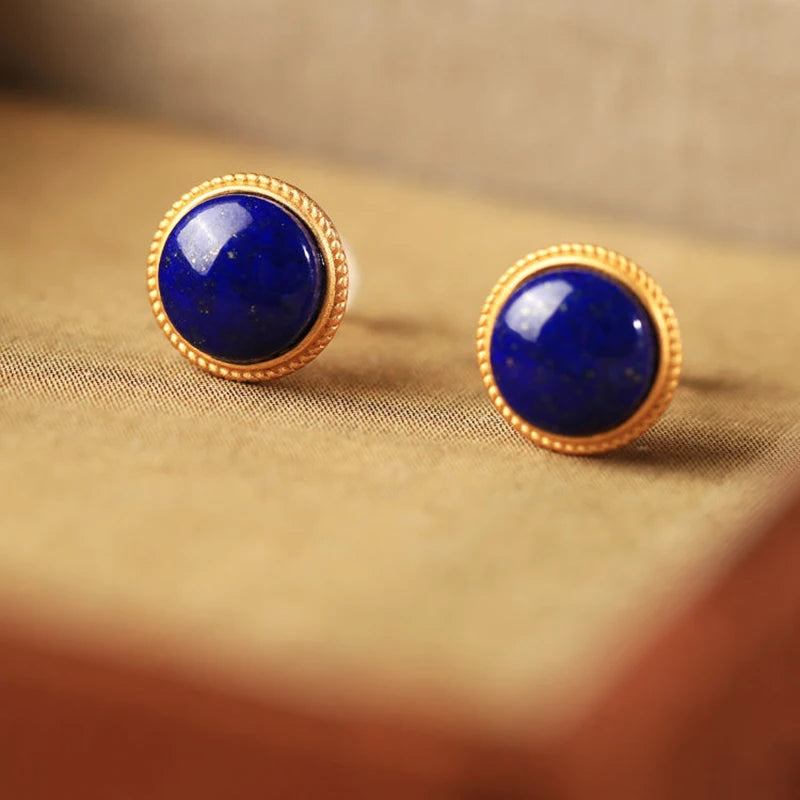 Lapis lazuli classic round bead earrings woman exquisite retro court style deep blue earings stud banquet fine jewelry gifts