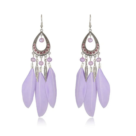 Feather Crystal Tassel Boho Dangle Earrings Jewelry