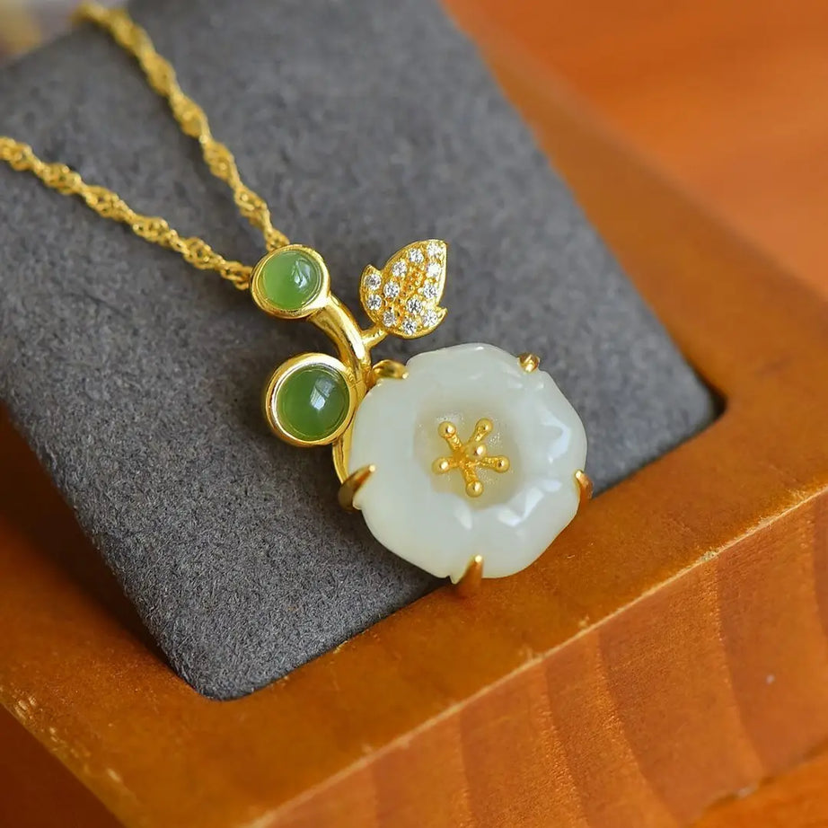White Hotan Jade Lotus Flower Pendant Necklace, Classic Boho Sacred Talisman