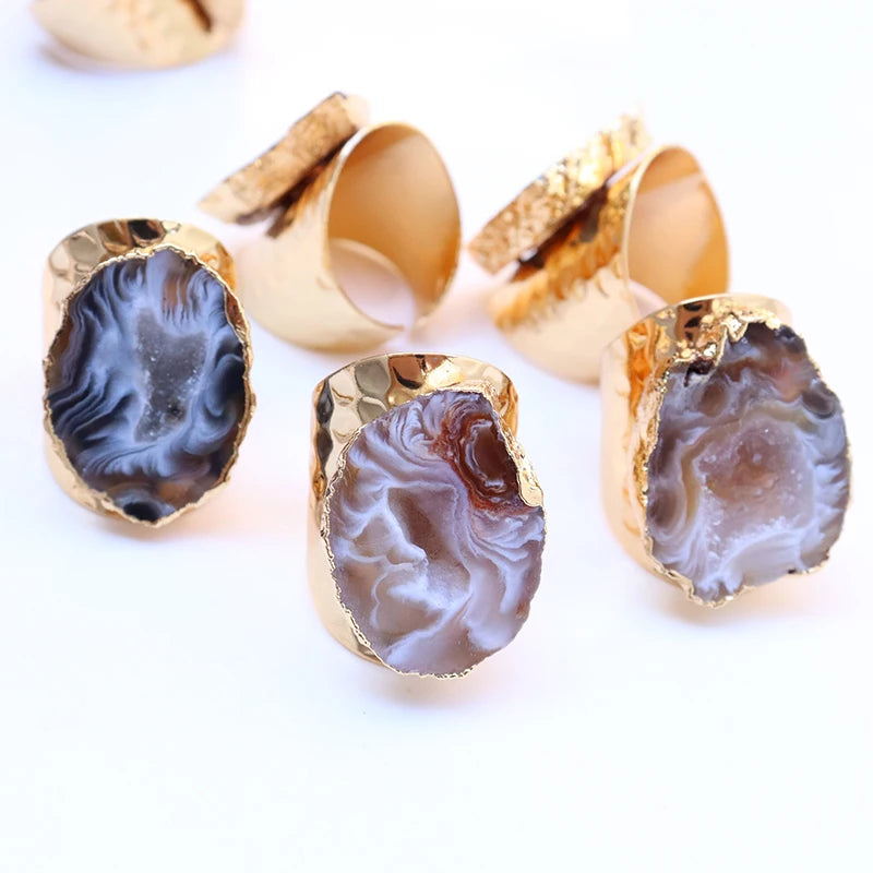Irregular Geode Stone Agate Slices Open Ring Unisex Black Color Boho Resizable Finger Jewelry