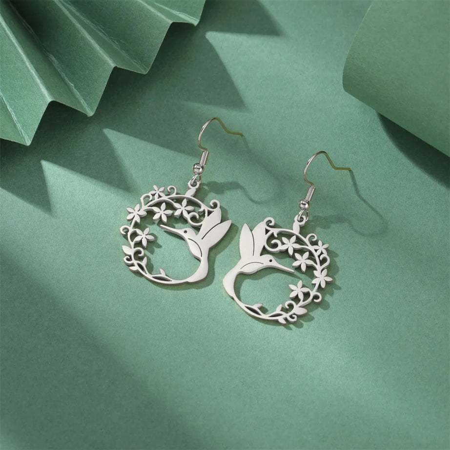 Hummingbird Filigree Flower Dangle Earrings Jewelry