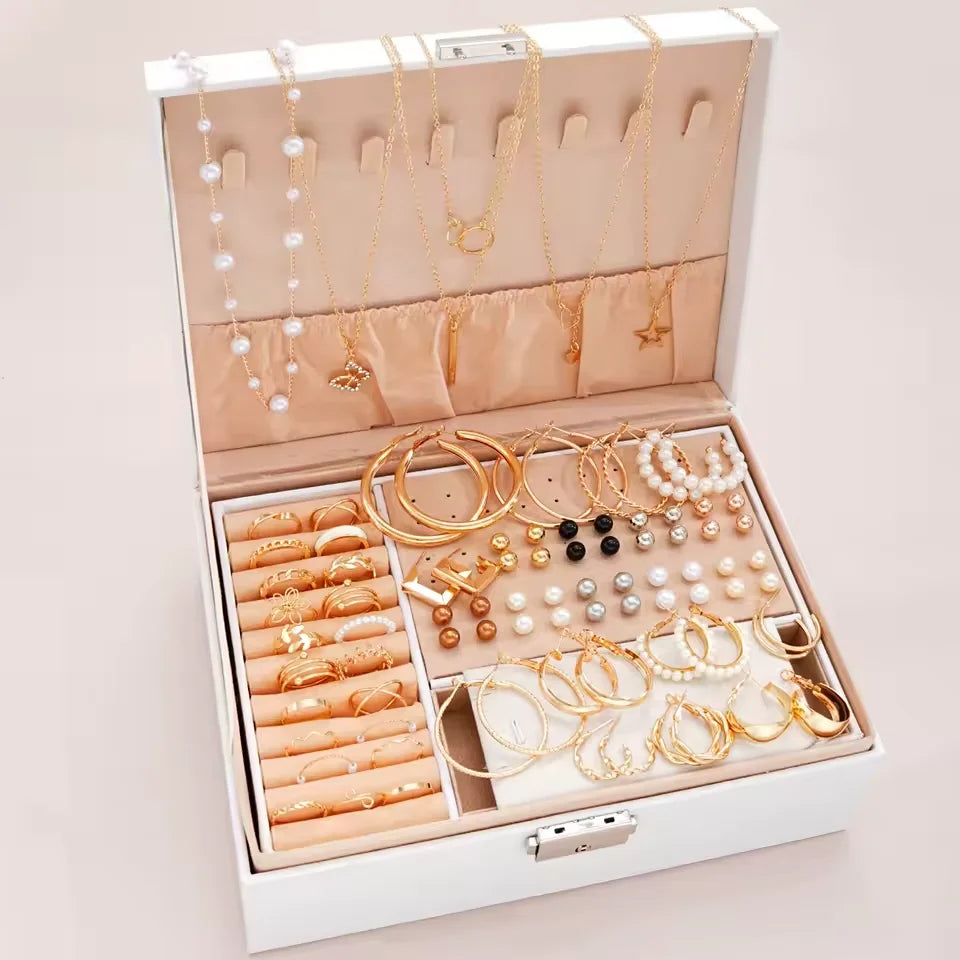 Gold Color Jewelry Set For Women Pearl Earrings Necklaces Rings Bracelets Fashion Stackable Boho Jewelry For Party Daily（No Box）