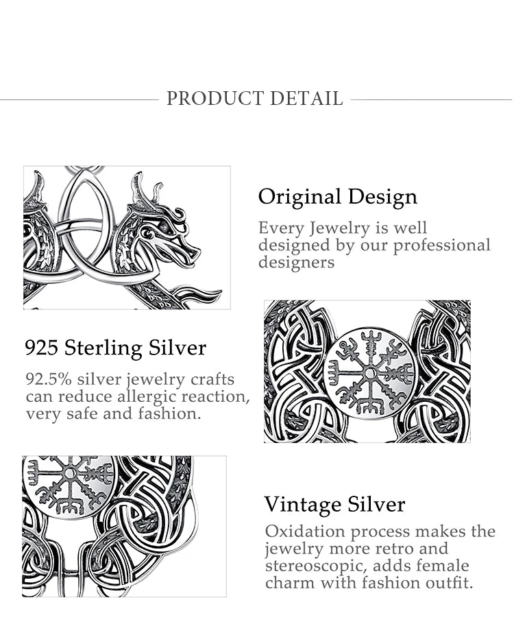 Eudora 925 Sterling Silver Viking Dragon Necklace for Man Women Celtic Knot Compass Amulet Pendant Personality Jewelry Fine Gift