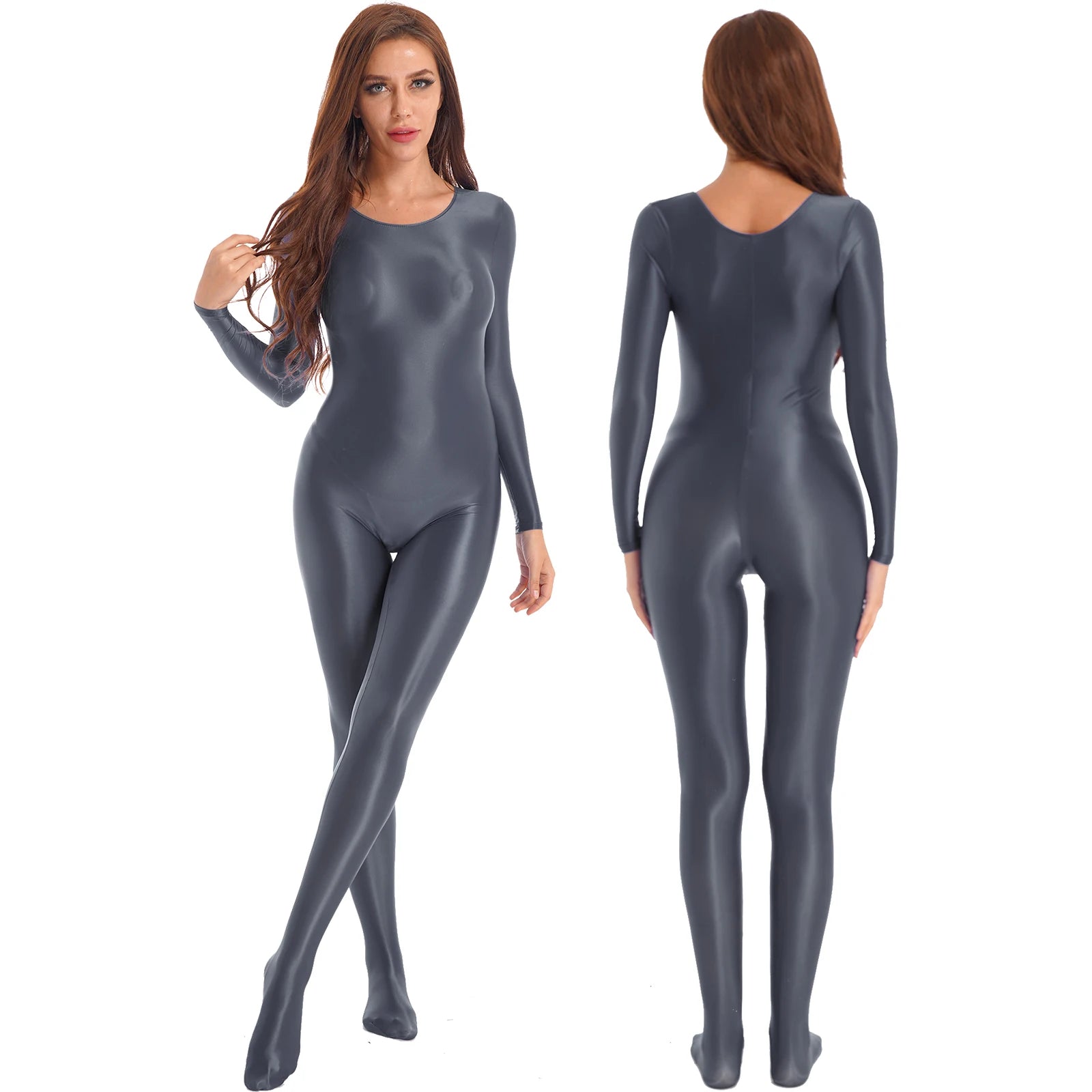 Womens Sexy Glossy Bodystocking Bodysuit Long Sleeve Jumpsuit Lingerie Nightwear Swimwear Gymnastics Yoga Sports Dance Leotard - Charlie Dolly