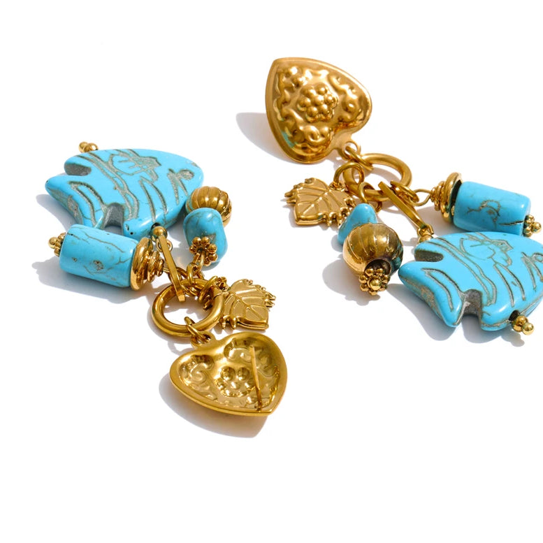 Blue Stone Fish Drop Earrings, 18K Gold Ocean Summer Stainless Steel Jewelry