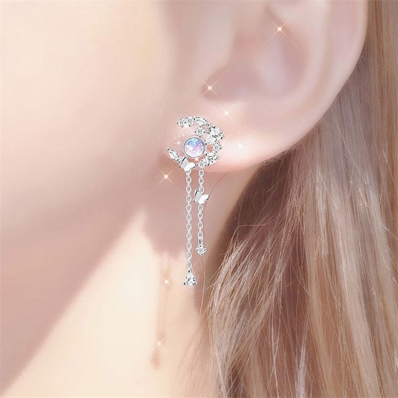 Delicate Cute Zircon Moon Tassel Butterfly Stud Earrings For Women Korean New Fashion Asymmetric Earrings Girls Party Jewelry - Charlie Dolly