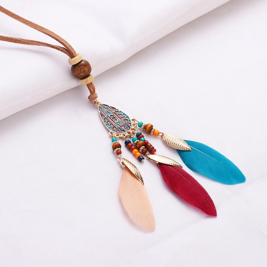 Rope Bead Feather Pendant Long Necklace Jewelry