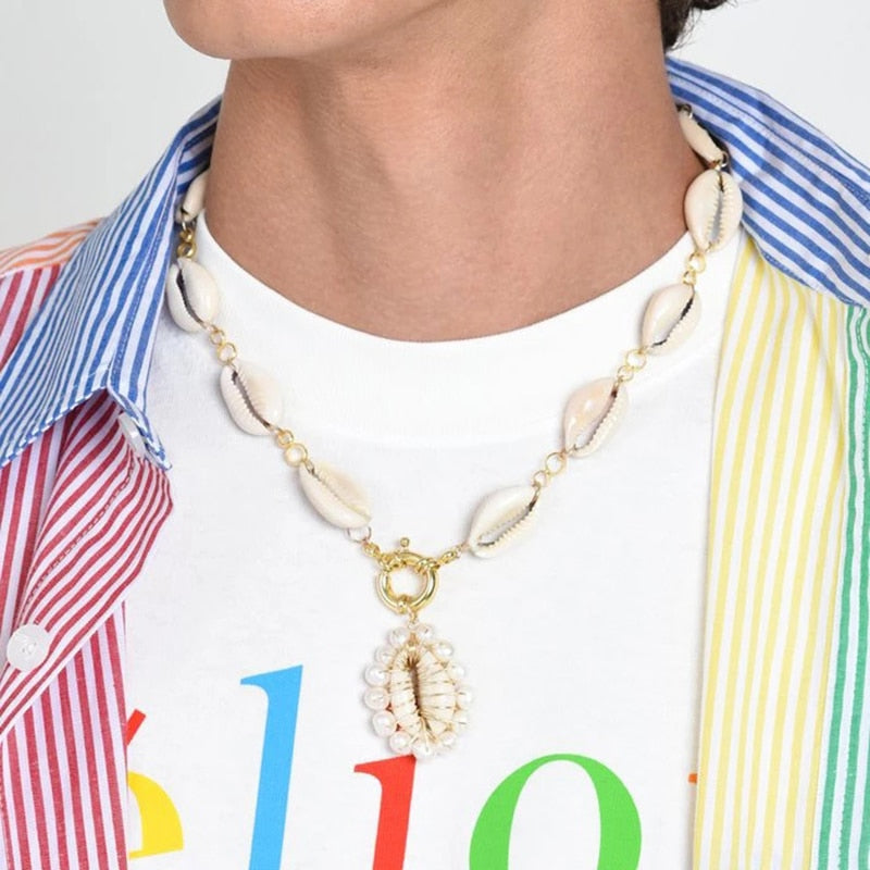 Boho semi-precious gemstone flower beads and mini faceted rondelle zircon crystal beads Scallop Conch shells Necklace - Charlie Dolly