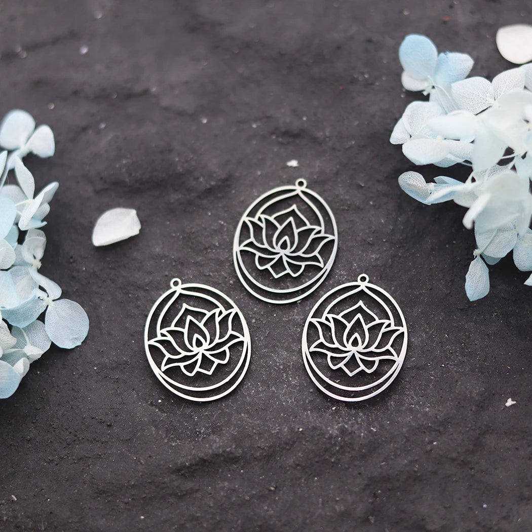 3pcs Lotus Flower Art Line Charms Stainless Steel Pendant for Jewelry Making Necklace Earrings DIY Craft Yogo Amulets Handmade