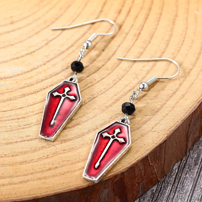 New Red Coffin Vampire Cross Earrings Punk Goth Style Long Dangle Earring for Women Girls Personality Halloween Jewelry Gifts - Charlie Dolly