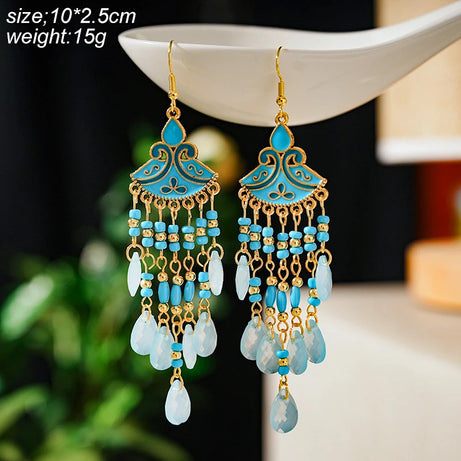 Blue Enamel Feather Crystal Long Earrings Jewelry