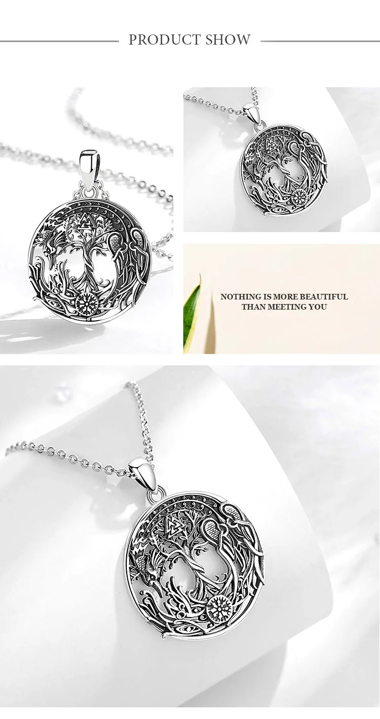 Eudora 925 Sterling Silver Phoenix Necklace Vintage Compass Tree of Life Pendant Viking Amulet Jewelry Party Gift for Women Men